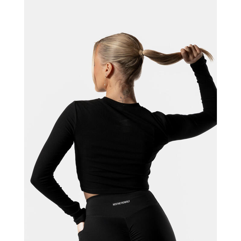 Long Sleeve Crop Top Fitness Dames Zwart - Lift Collectie - AW Active