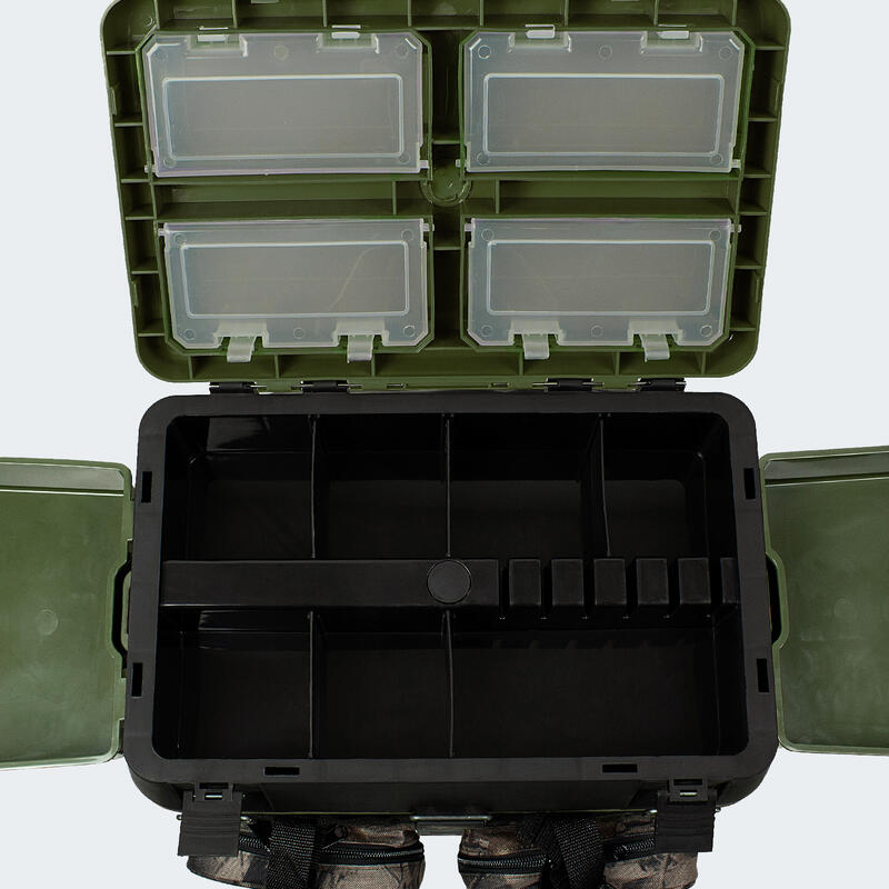 Boîte de pêche et siège + 2 plateaux latéraux | Sac à dos | Olive/Camouflage