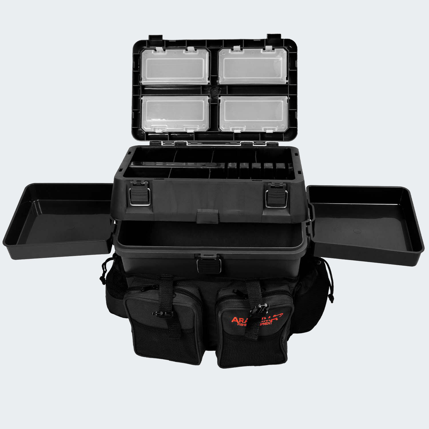 Fishing box and seat + 2 side trays | Backpack | Black