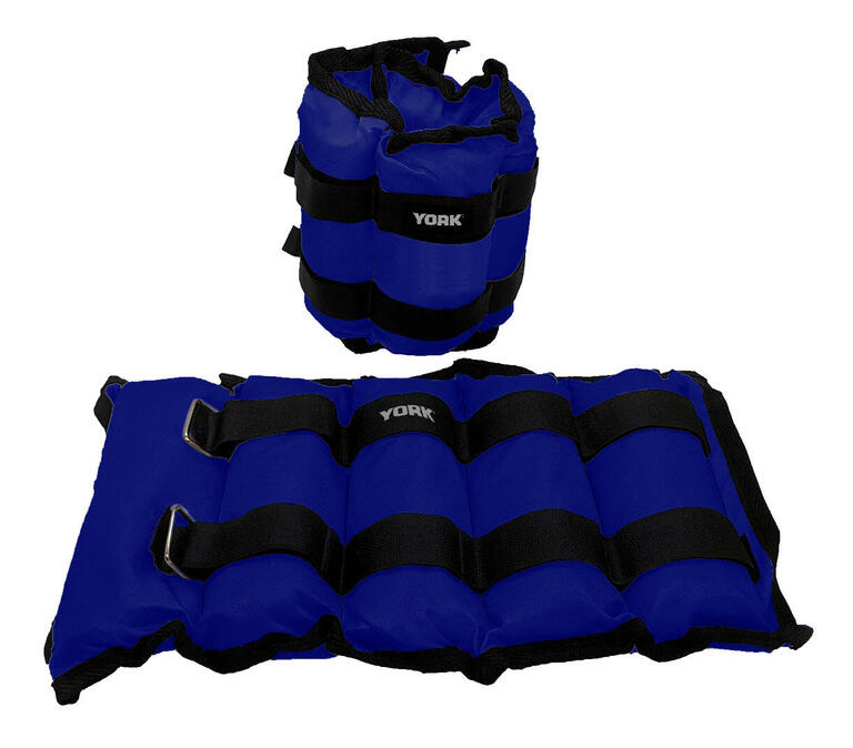 Pair of blue 2 kg ankle and wrist weights with adjustable black straps