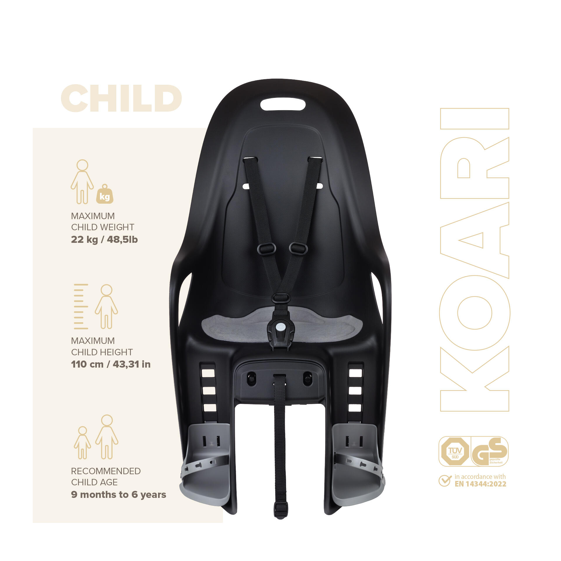 Siège vélo arrière  pour porte-bagages avec MIK HD KOARI Noir/Gris 3/8