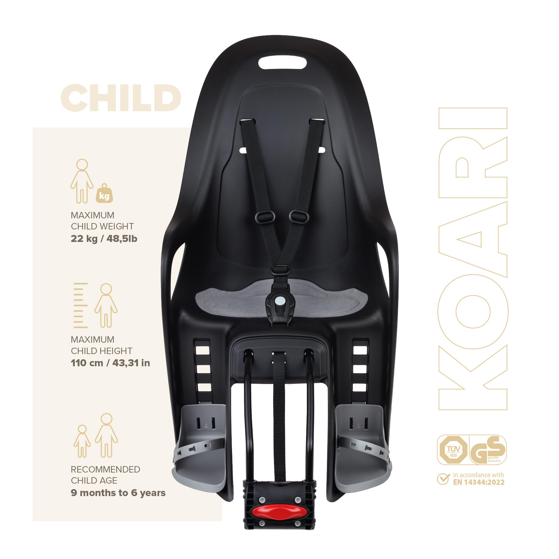 Silla Bicicleta fijácion Trasera Cuadro KOARI Negro/Gris 3/8