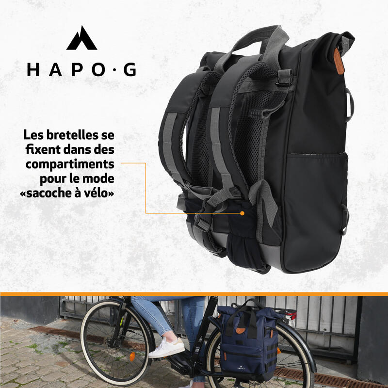 Sacoche vélo arrière étanche convertible en sac à dos 22L NOIR - HAPO-G