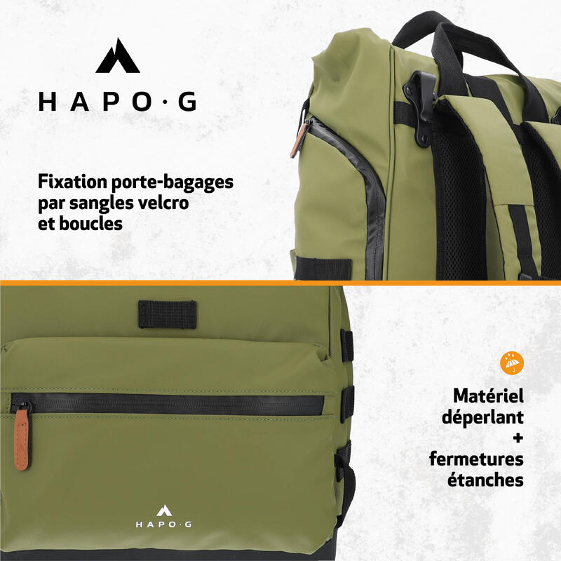 Sacoche vélo arrière étanche convertible en sac à dos 25L KAKI - HAPO-G