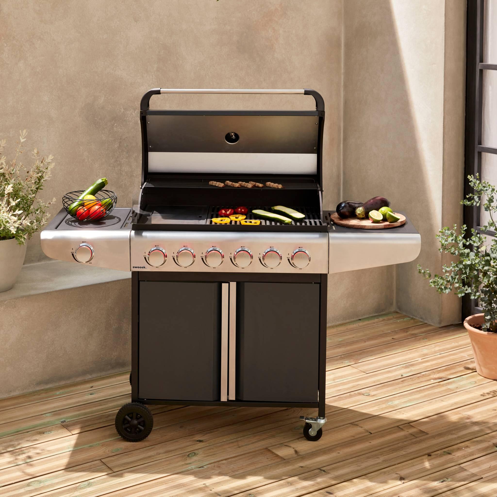 Barbacoa de gas de 7 quemadores con 1 quemador lateral, Negro 3/5