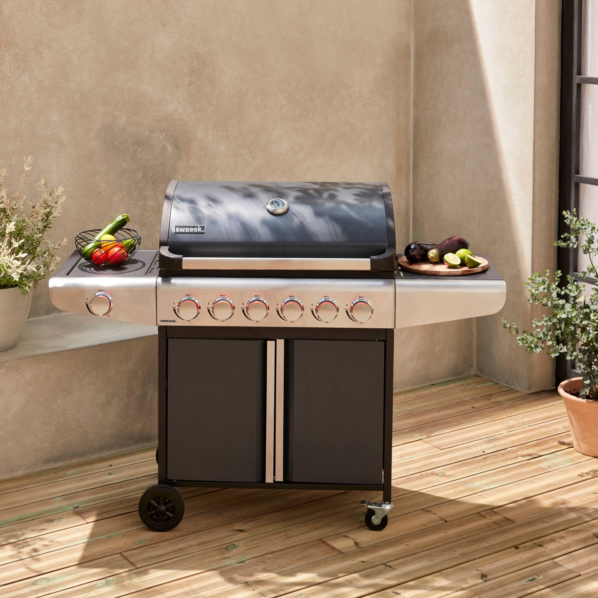 Barbacoa de gas de 7 quemadores con 1 quemador lateral, Negro 2/5