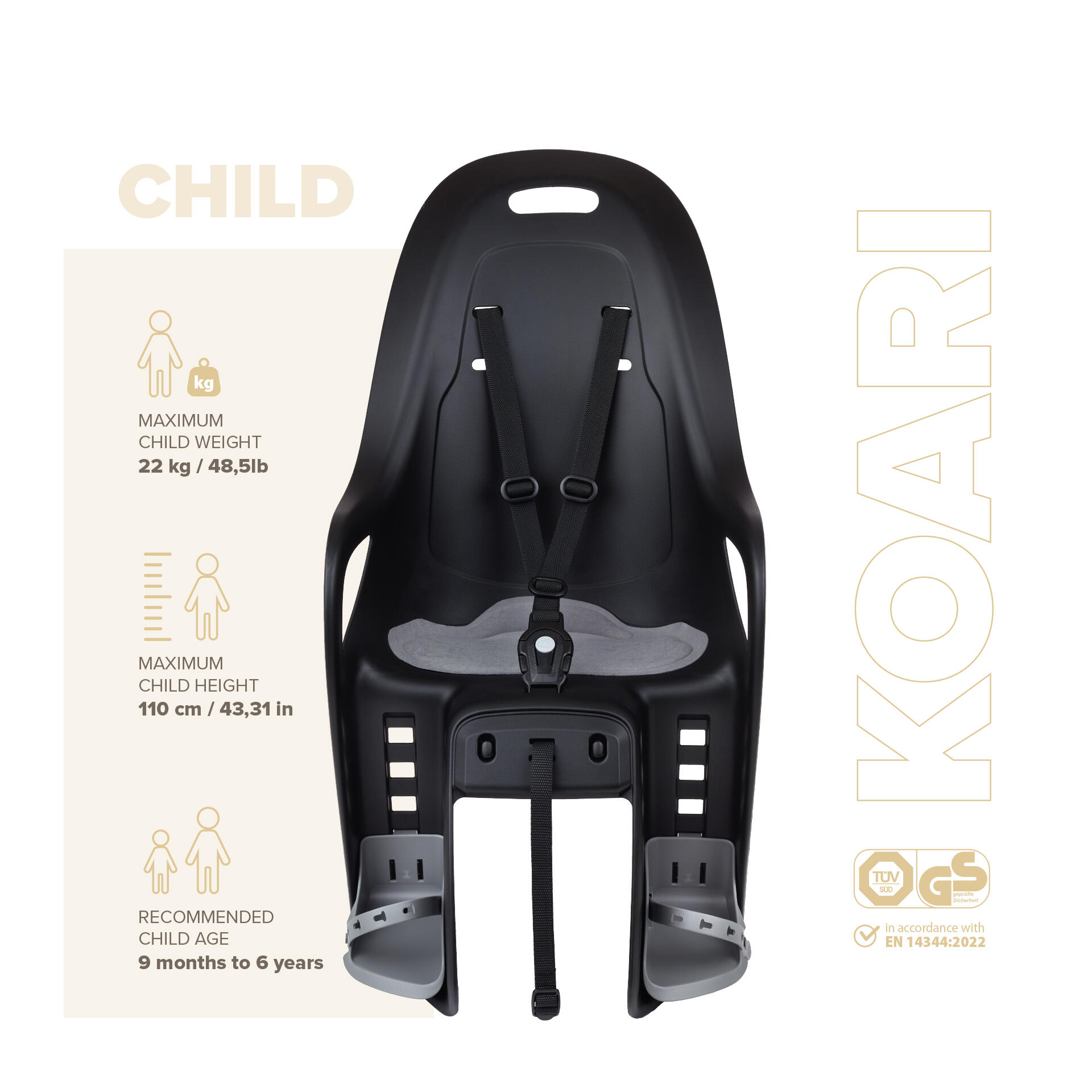 Siège vélo arrière kOARI XR Fixation sur porte-bagages Noir/Gris 4/8
