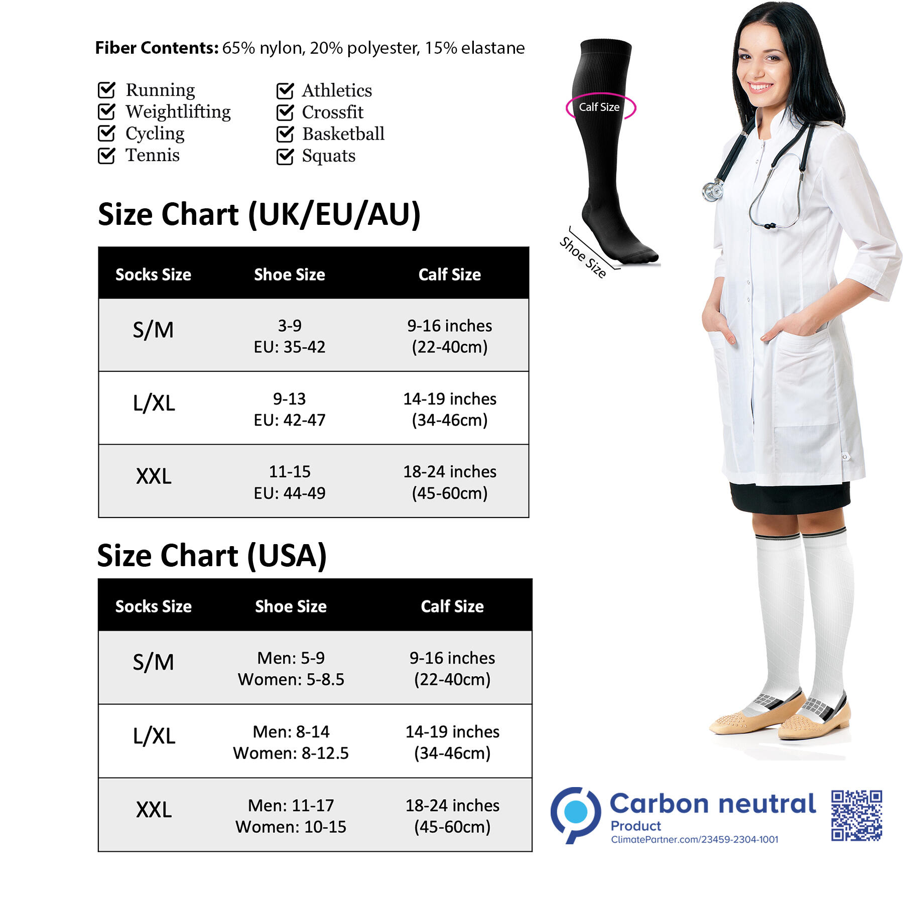 Calf Support Compression Socks for Men & Women (20-30 mmHg)(Black) 6/9