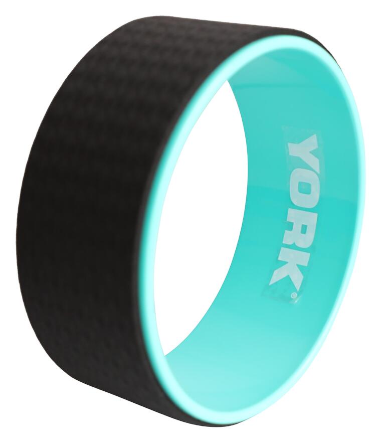 York yoga wheel with turquoise interior and textured black padded exterior