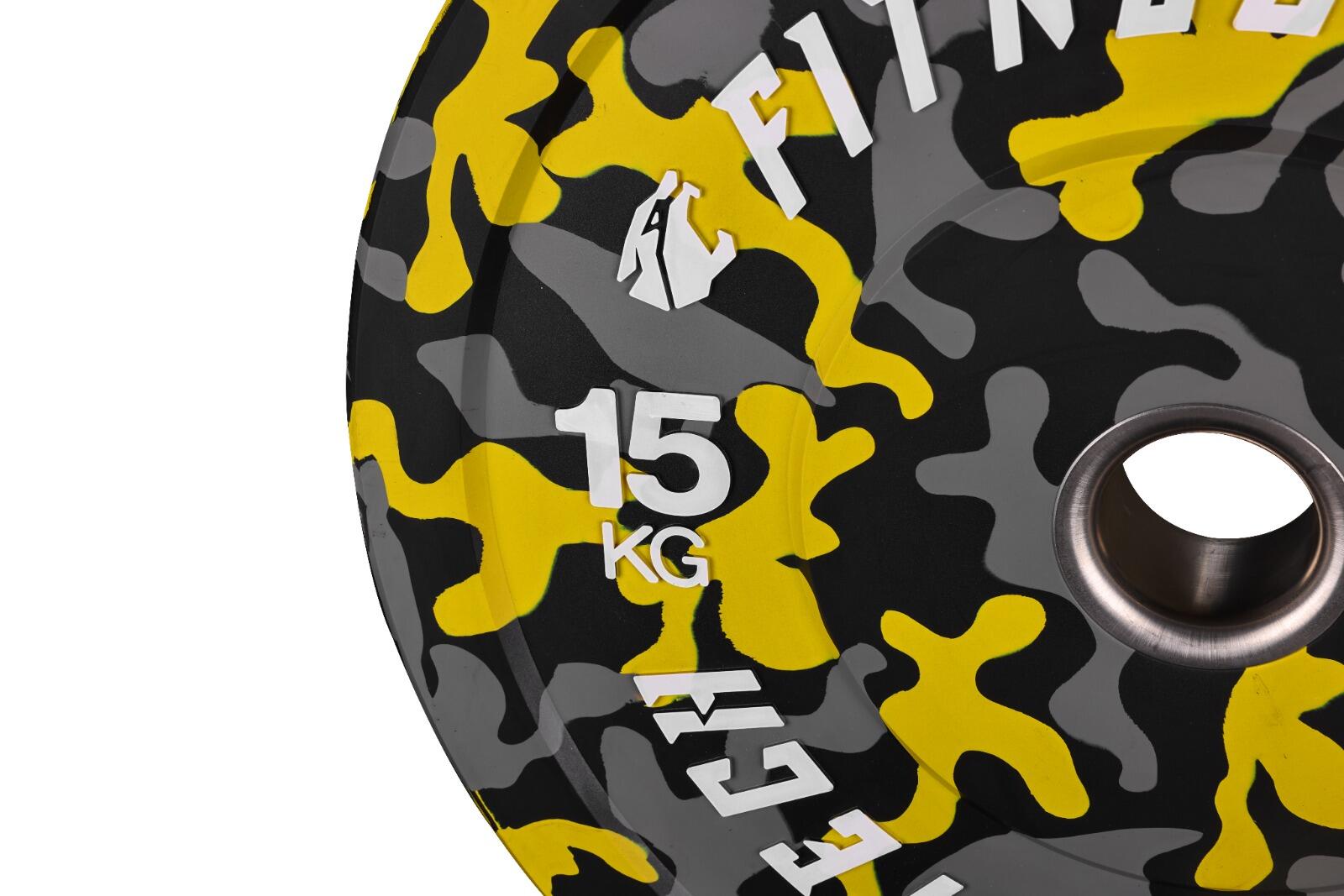 Disco Bumper Camuflaje 15 kg Fitness Tech Alta Resistencia Amarillo > Por Unidad 3/7