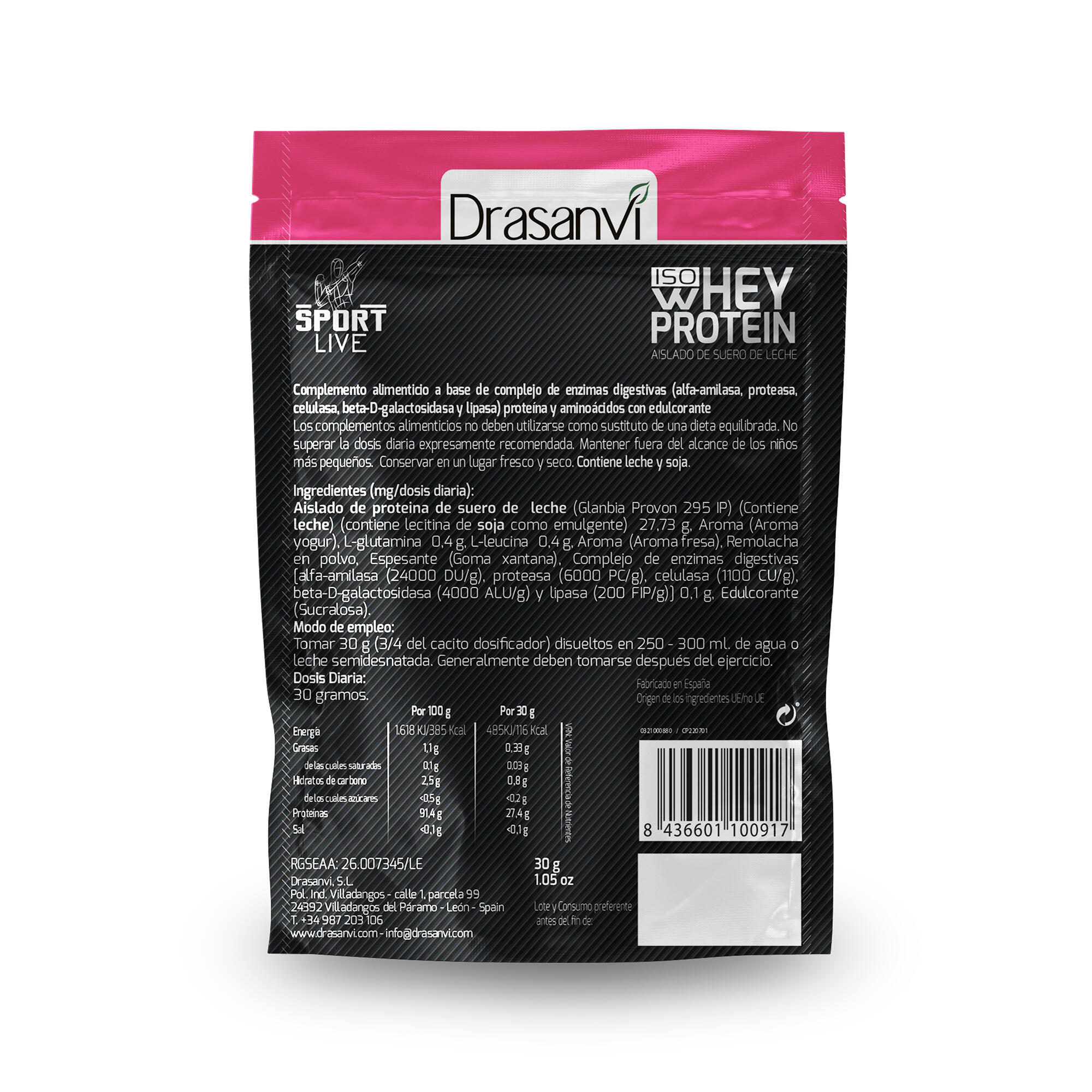 Whey Protein Isolate Monodosis Pack 12 unidades Sport Live - Yogur Fresa - 30Gr 3/7
