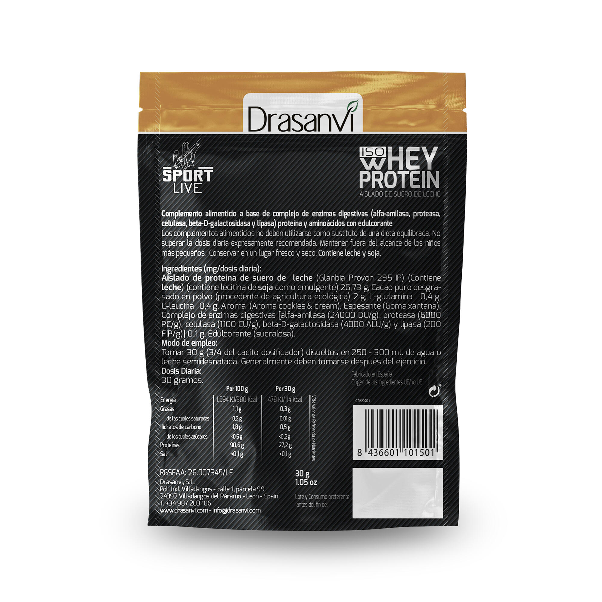 Whey Protein Isolate Monodosis Pack 12 uds Sport Live - Cookies and Cream - 30Gr 3/7