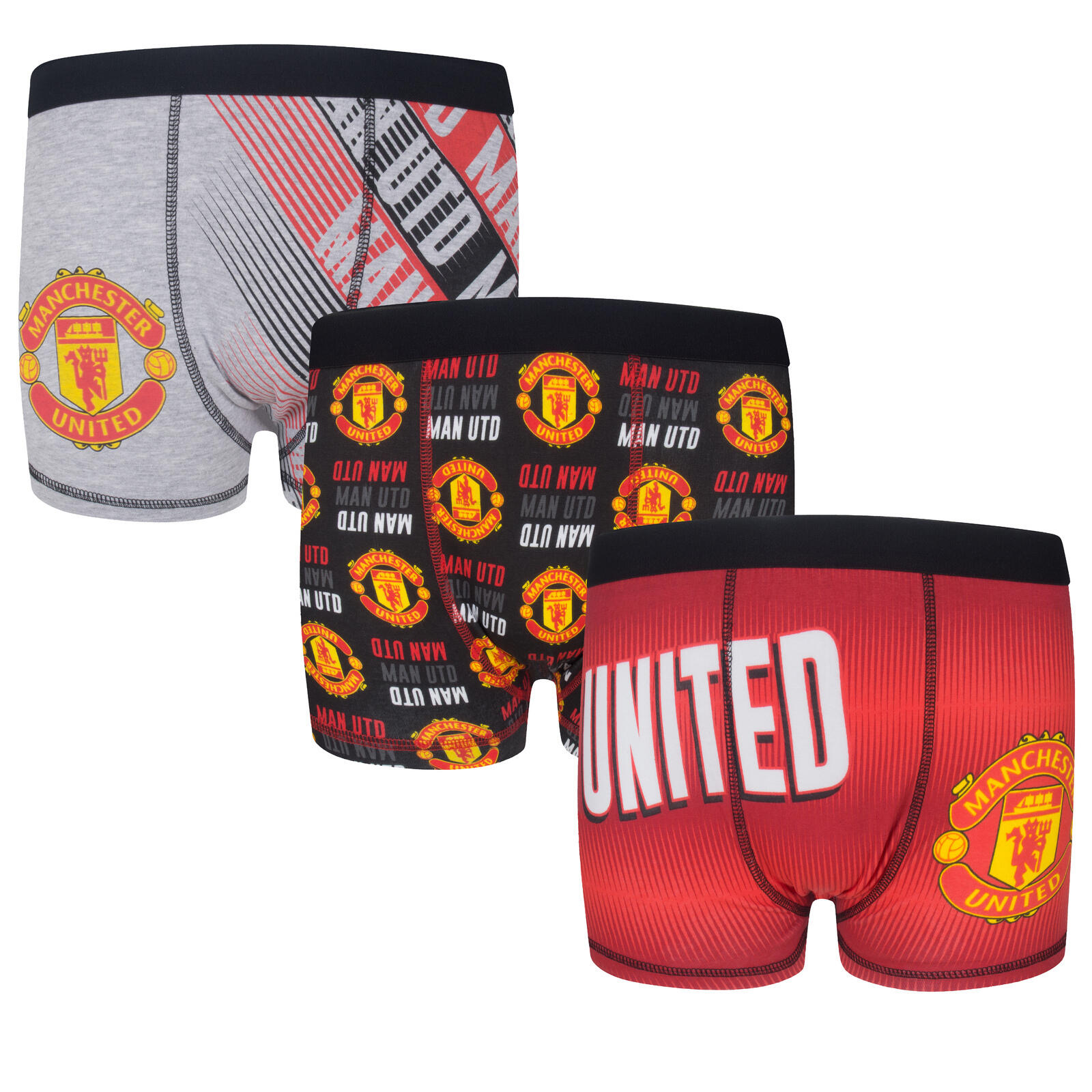 MANCHESTER UNITED Manchester United Boys Boxer Shorts 3 Pack Crest Kids OFFICIAL Football Gift