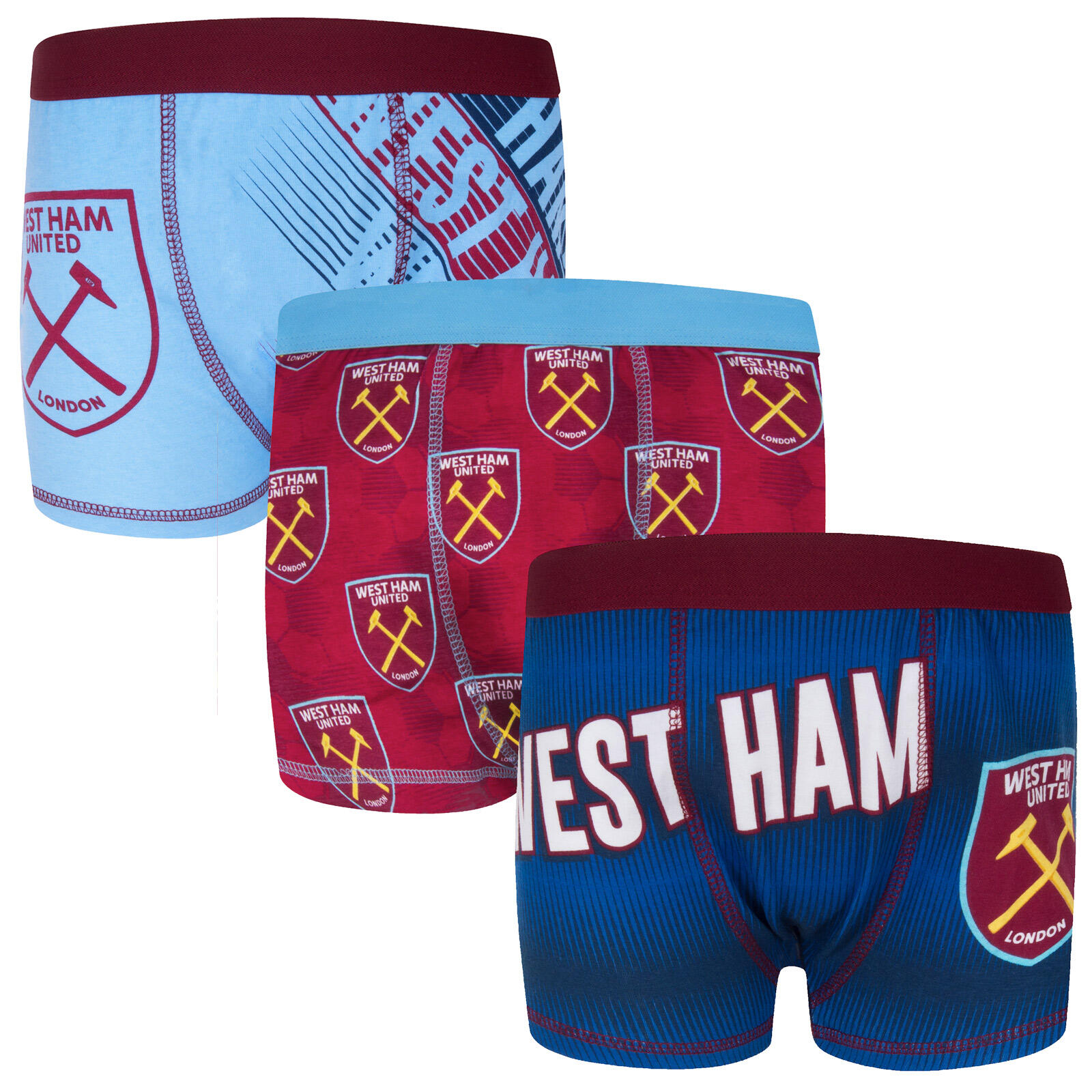 WEST HAM UNITED West Ham United FC Boys Boxer Shorts 3 Pack Crest Kids OFFICIAL Football Gift