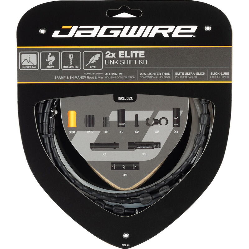 Set de câbles de vitesse Road & Mountain Elite Link 2x - noir     À partir de 9890€ 9999€ -1%    * La vente débute le 05/05/2025    JAGWIRE Set de câbles de vitesse Road & Mountain Elite Link 2x - noirVendu exclusivement en ligne   