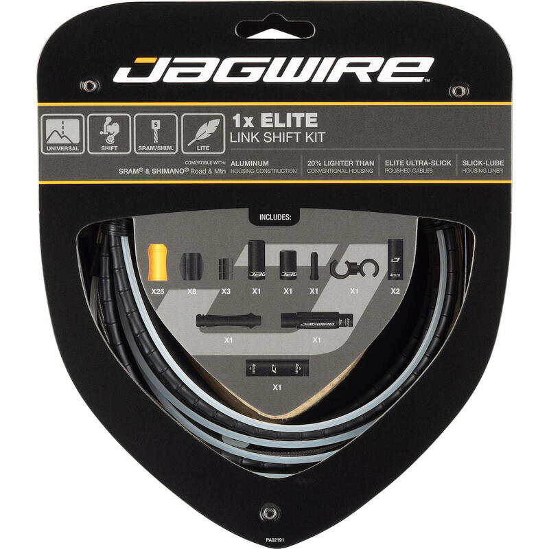 Set de câbles de vitesse Road & Mountain Elite Link 1x - noir     À partir de 8490€ 8599€ -1%    * La vente débute le 05/05/2025    JAGWIRE Set de câbles de vitesse Road & Mountain Elite Link 1x - noirVendu exclusivement en ligne   