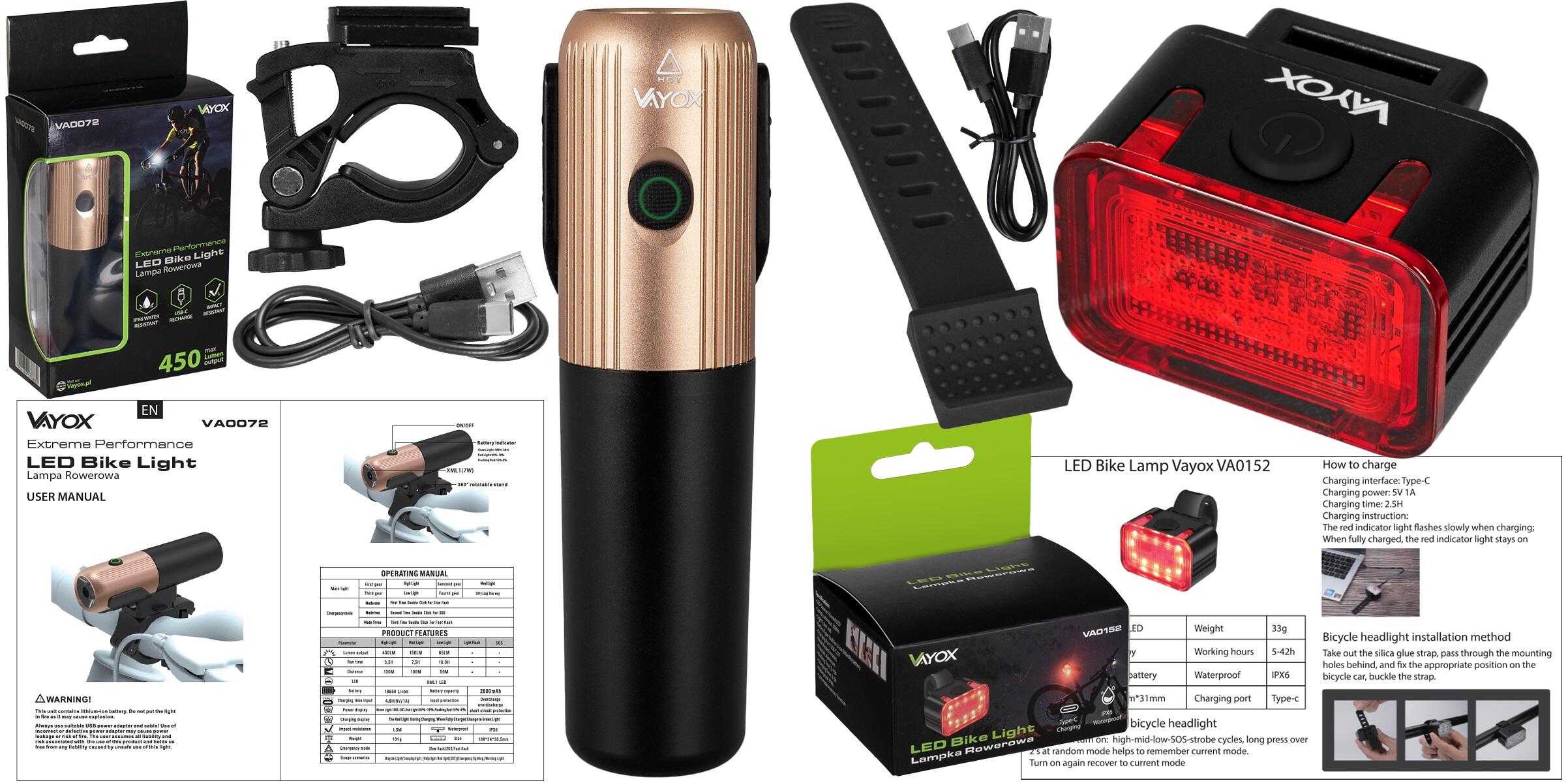 Set di luci per bici VAYOX VA0072 + VA0152 anteriore e posteriore USB-C 7/7