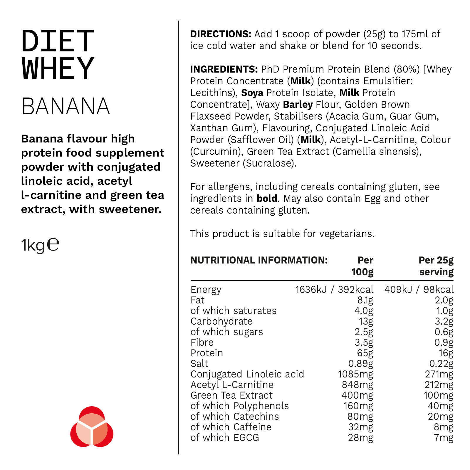 PhD Nutrition Diet Whey Powder Banana Flavour 1kg PHD NUTRITION