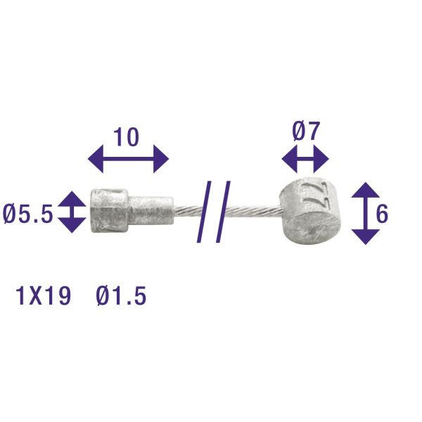 Remkabel 1x19 roestvrij staaldraad ø1,5mm v-kop ø5,5x10 en t-nippel Elvedes