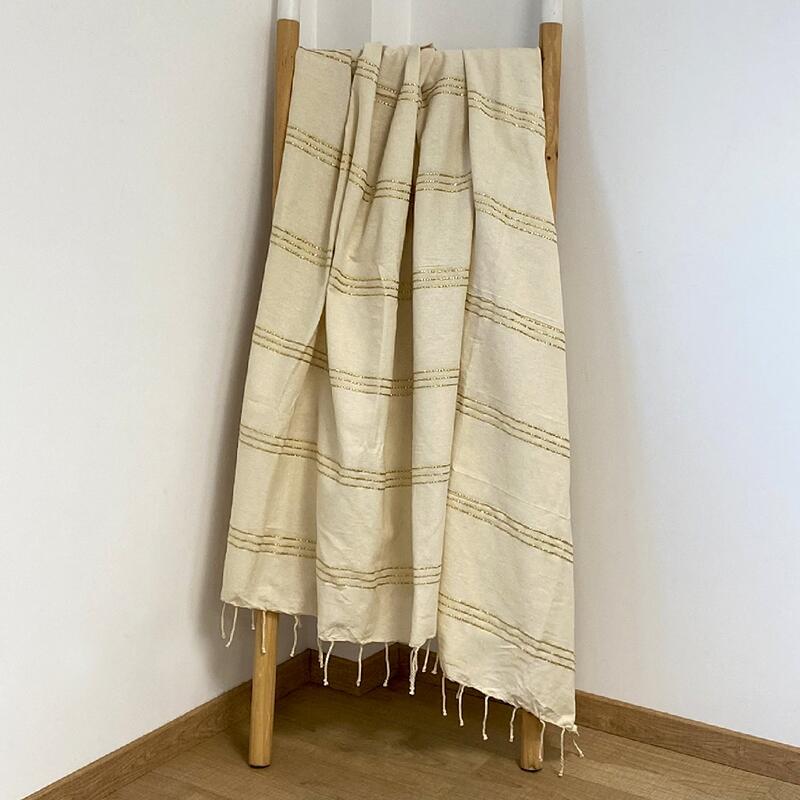Fouta traditionnelle Isis  200x200 190g/m² Écru/Doré