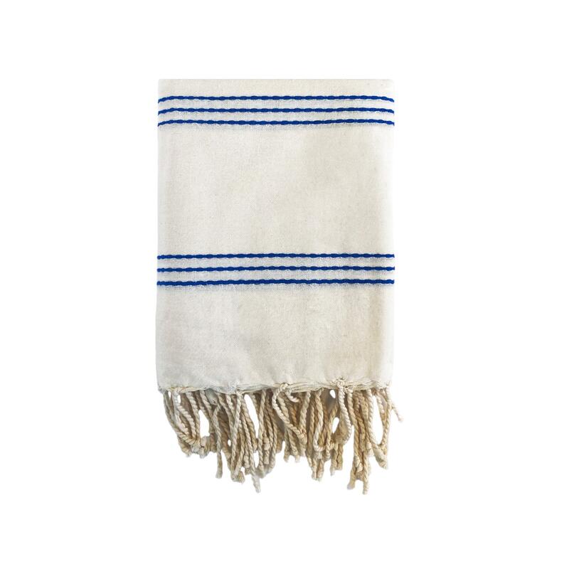 Fouta traditionnelle Calliope  200x200 190g/m² Écru/Royal