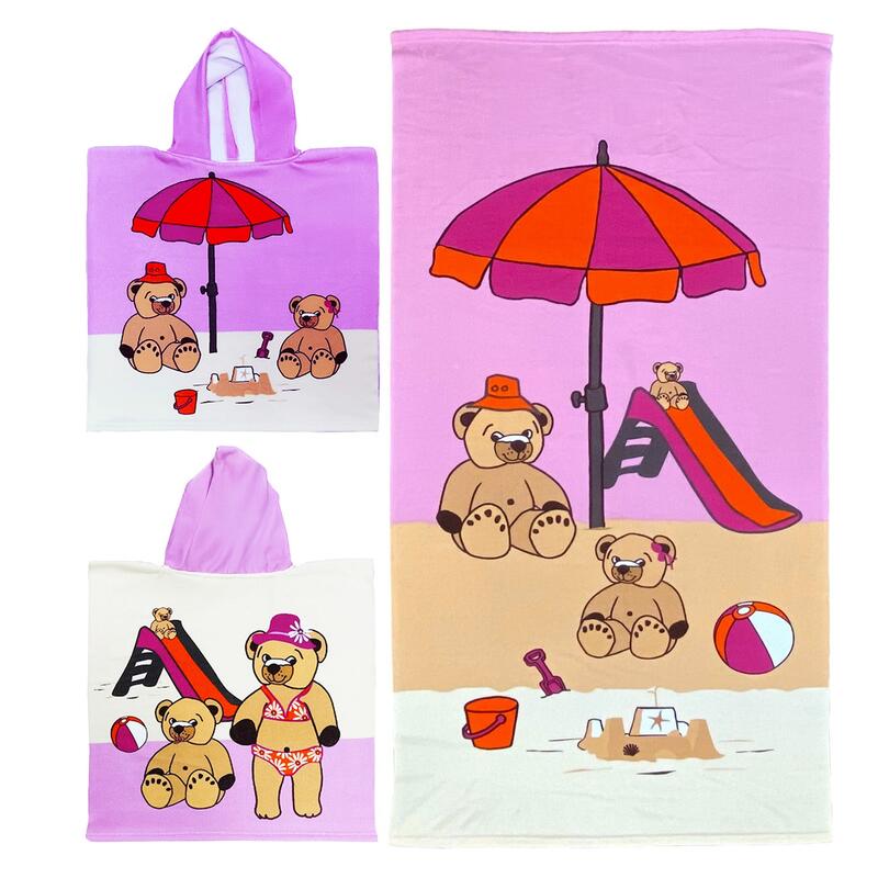 Pacote de ponchos e toalhas de microfibra para crianças Urso de pelúcia rosa