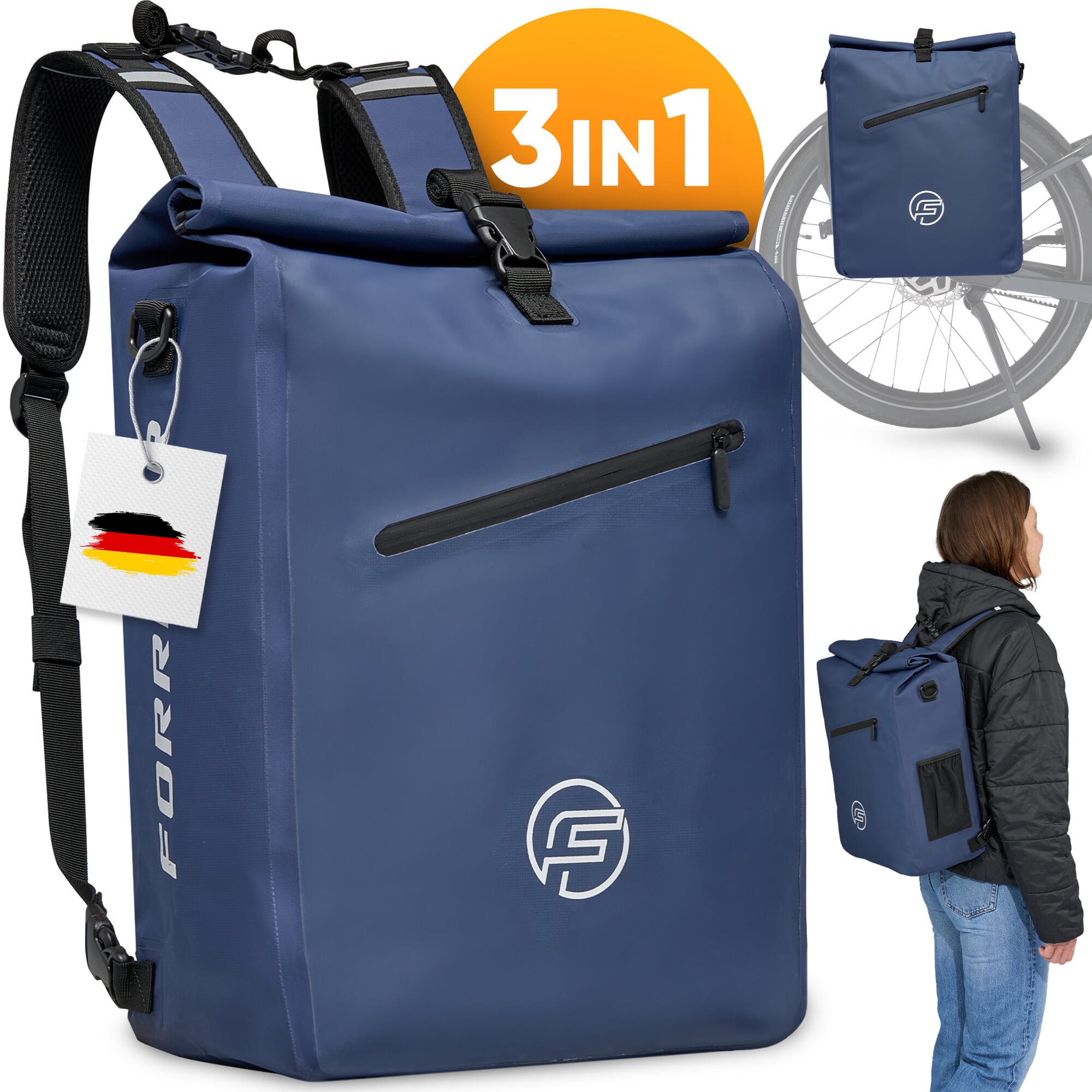 FORRIDER Fahrradtasche 3in1 27L - Wasserdichte Gepäckträgertasche & Rucksack