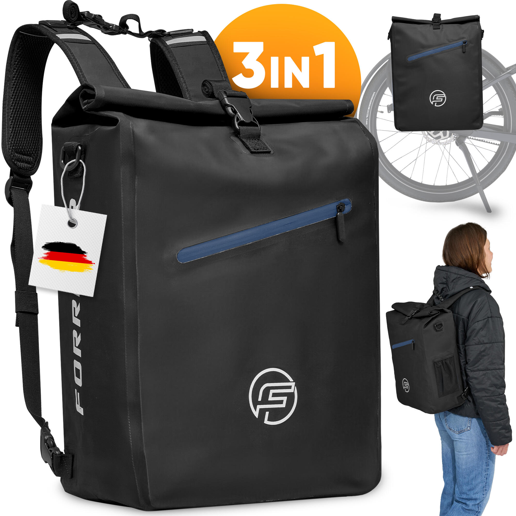 FORRIDER Fahrradtasche 3in1 27L - Wasserdichte Gepäckträgertasche & Rucksack