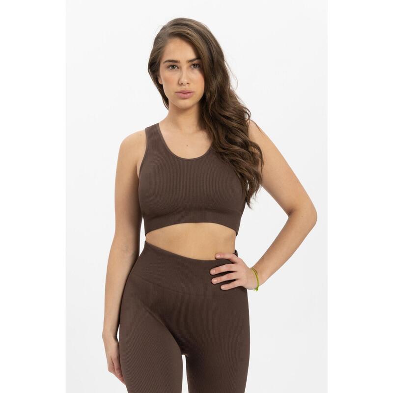 Haut de Sport Côtelé Sans Couture - Marron - Haut de sport femme