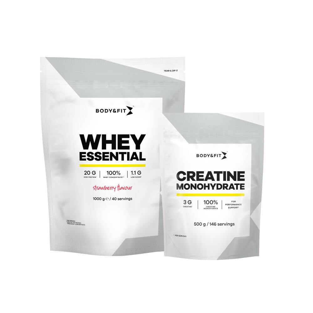 BODY&FIT Whey Essential Strawberry 1000 gram & Creatine Monohydrate 500 gram - Strawberry