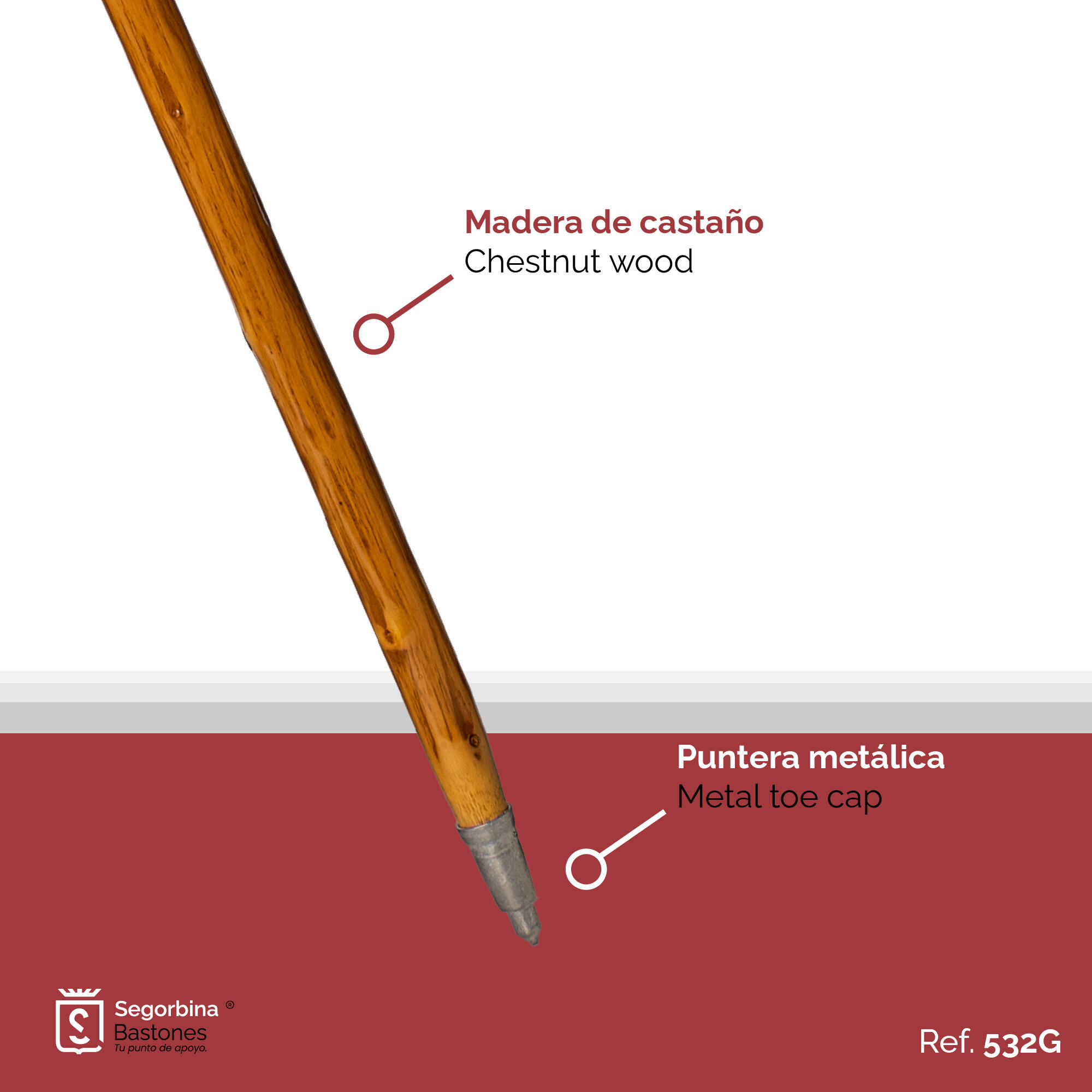 Bastão de caminhada em madeira de castanheiro natural 125cm 4/4