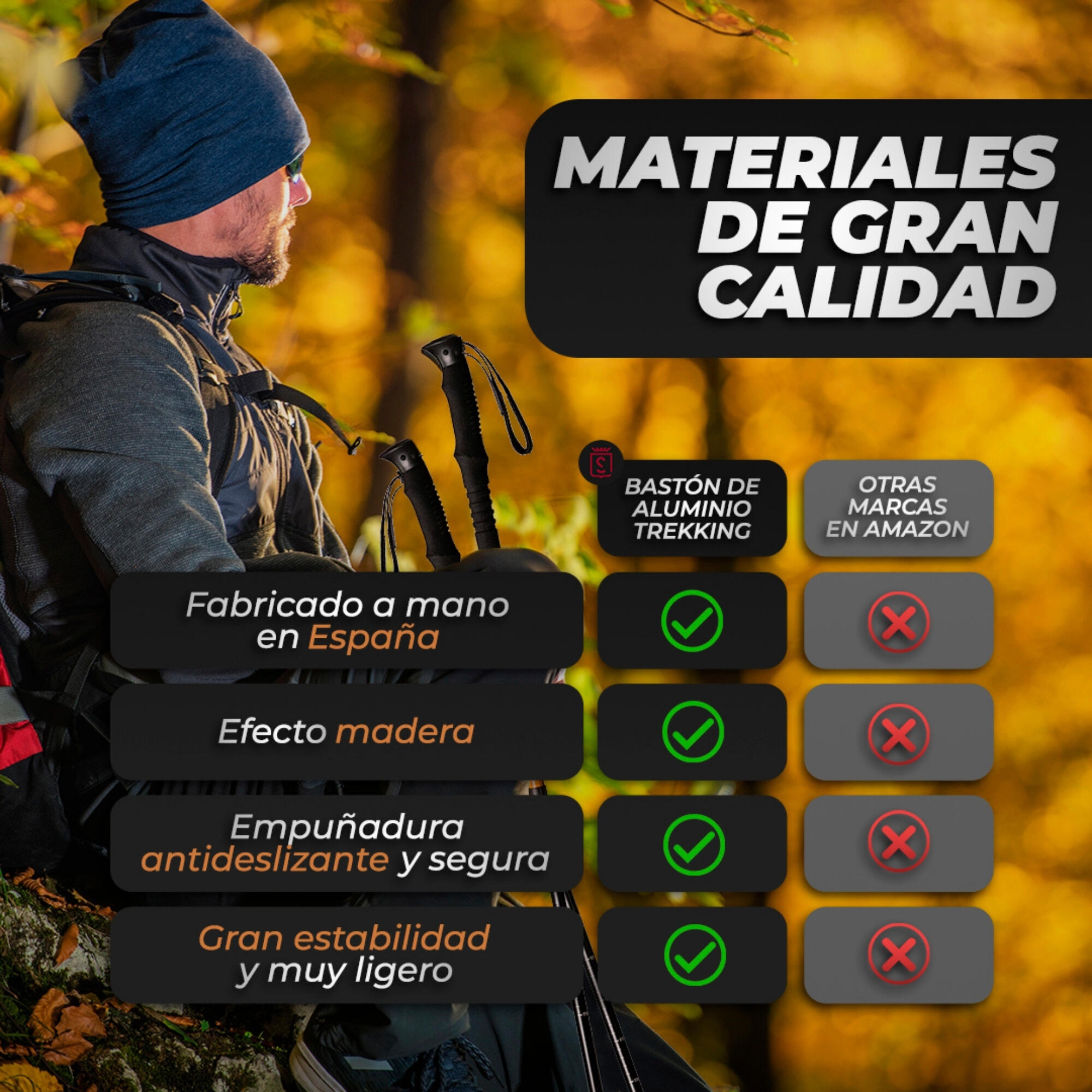 Bastón de Trekking Segorbina Telescópico 65 - 135 cm aluminio imitación madera 5/7