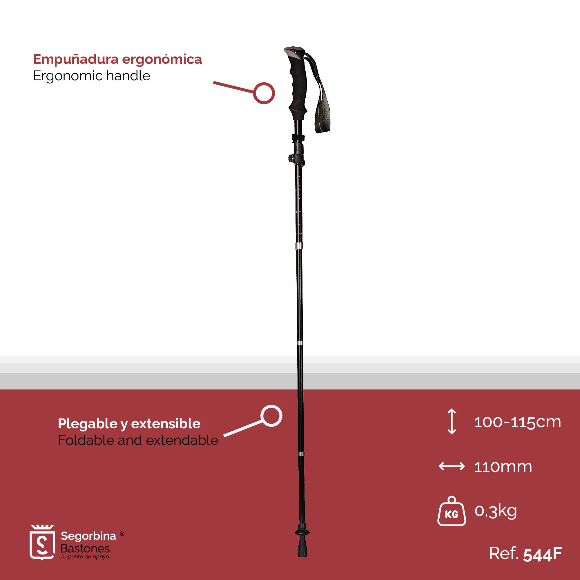 Bastone da trekking in alluminio nero PIEGHEVOLE ed ESTENSIBILE 100-115cm 2/5