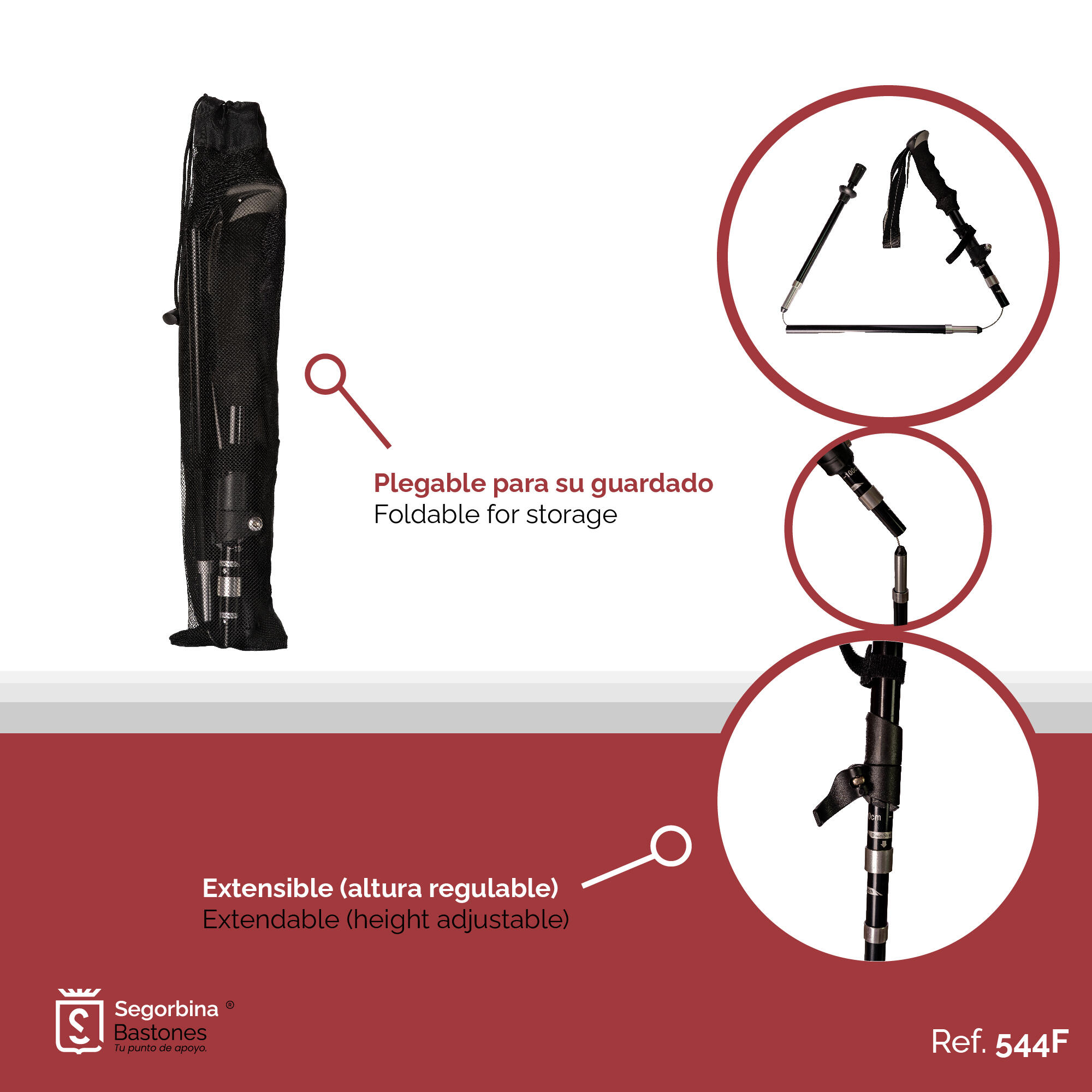 Bastone da trekking in alluminio nero PIEGHEVOLE ed ESTENSIBILE 100-115cm 4/5