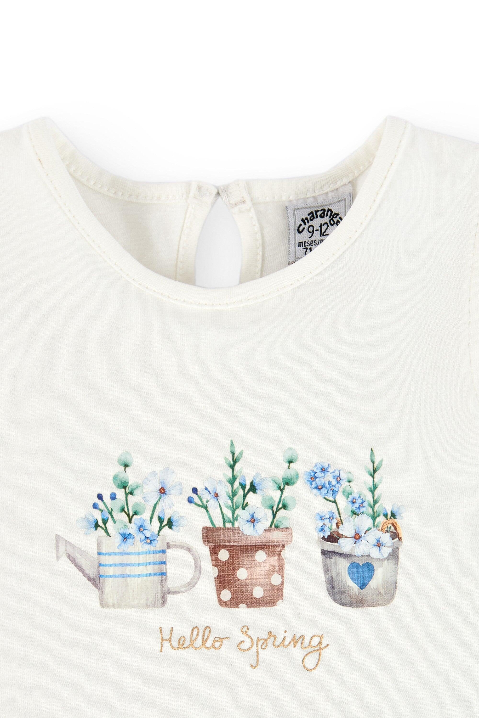 Camiseta infantil off-white com babados bordados e estampa "Hello 4/4