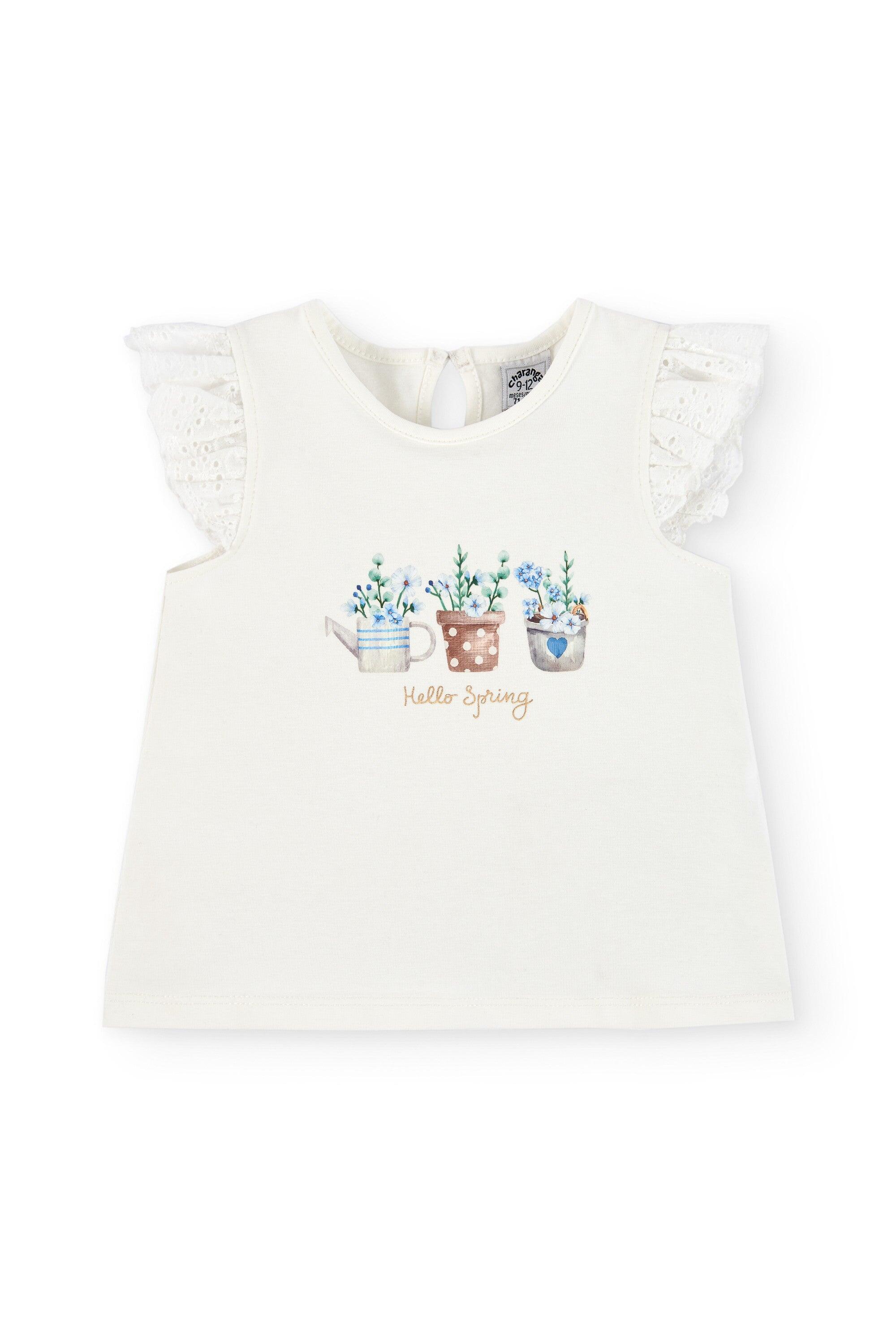 Camiseta infantil off-white com babados bordados e estampa "Hello 3/4