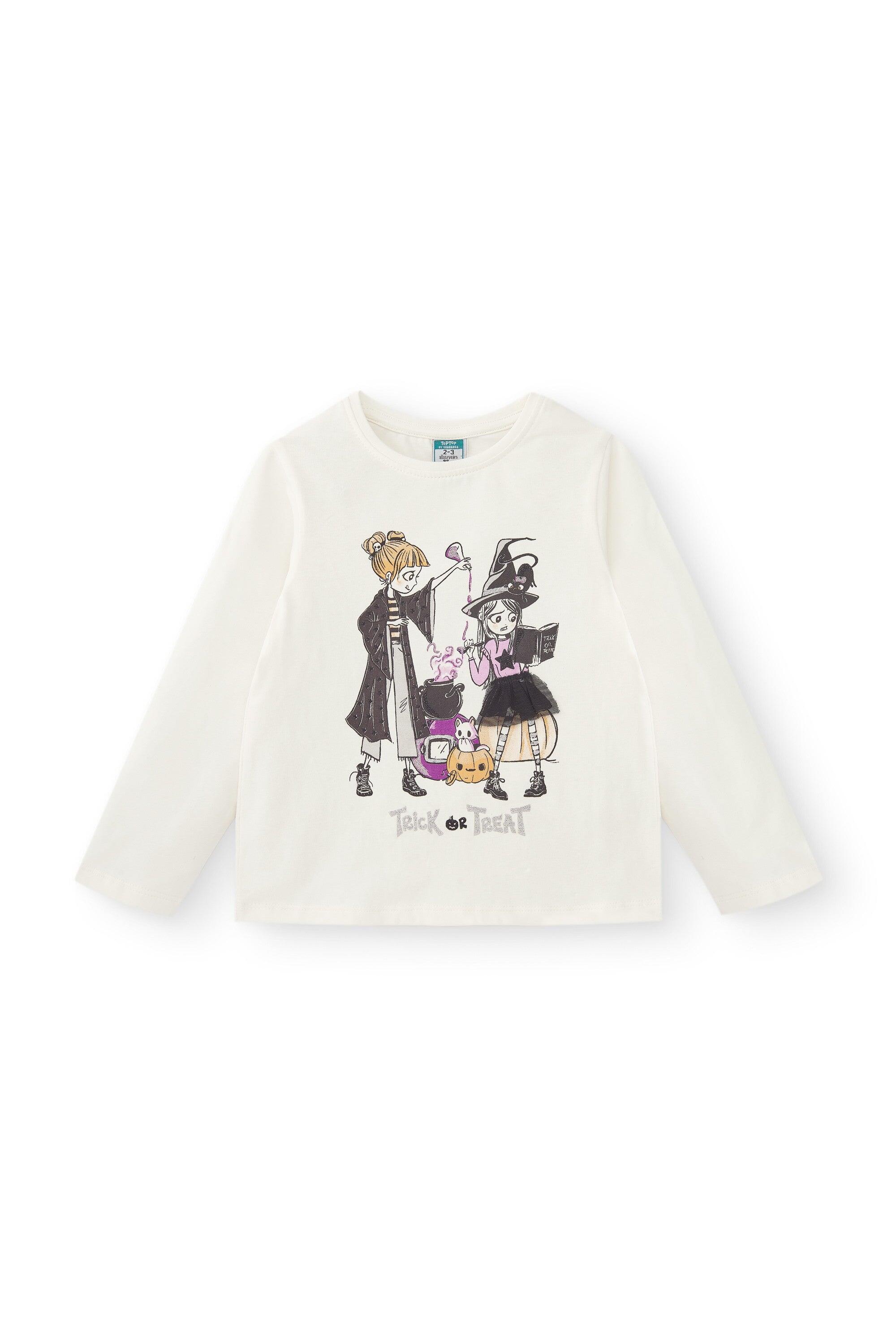 Camiseta feminina de manga comprida na cor off-white com estampa de 4/5