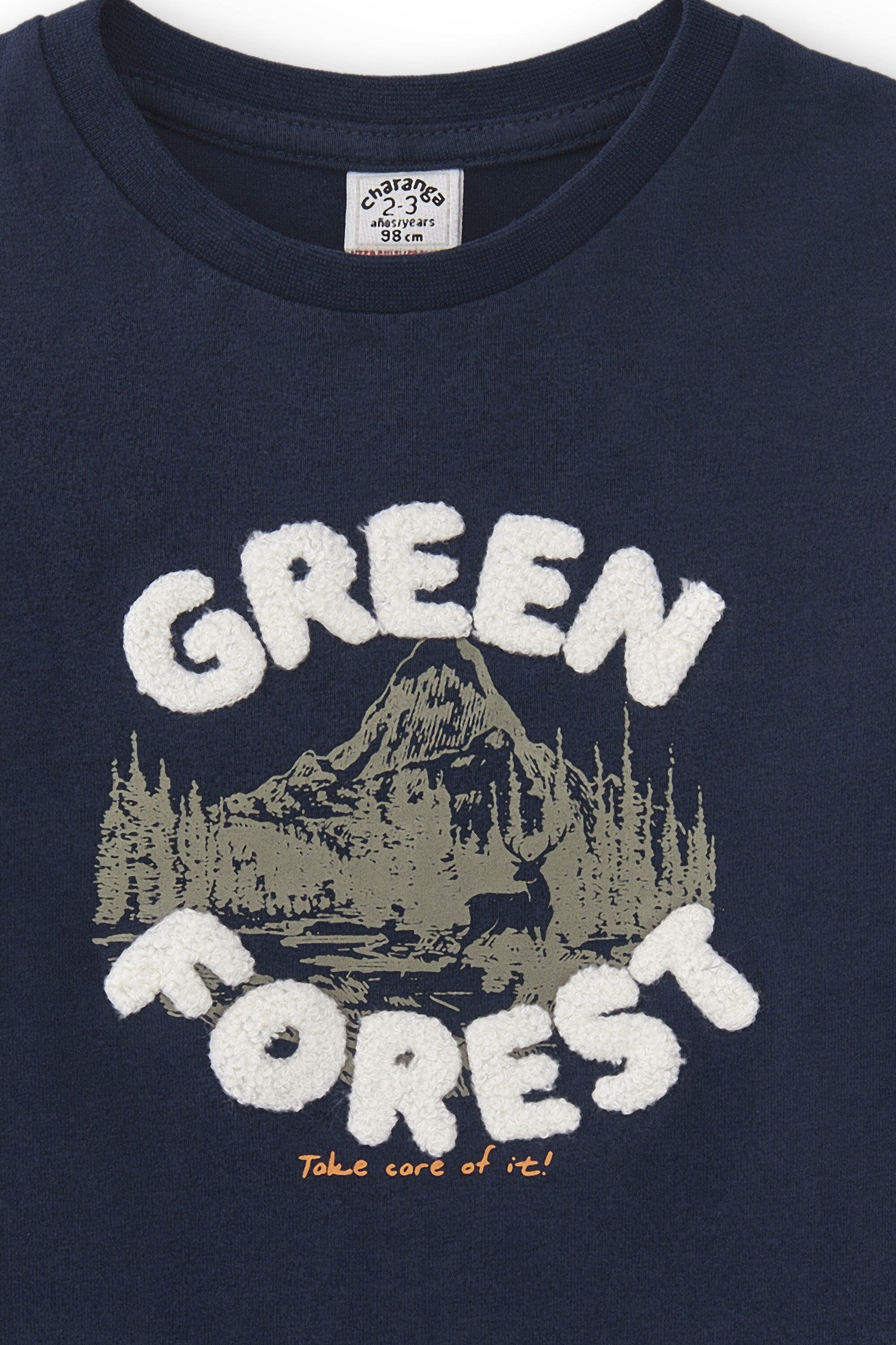 Camiseta infantil de manga comprida azul marinho com estampa de floresta 5/5