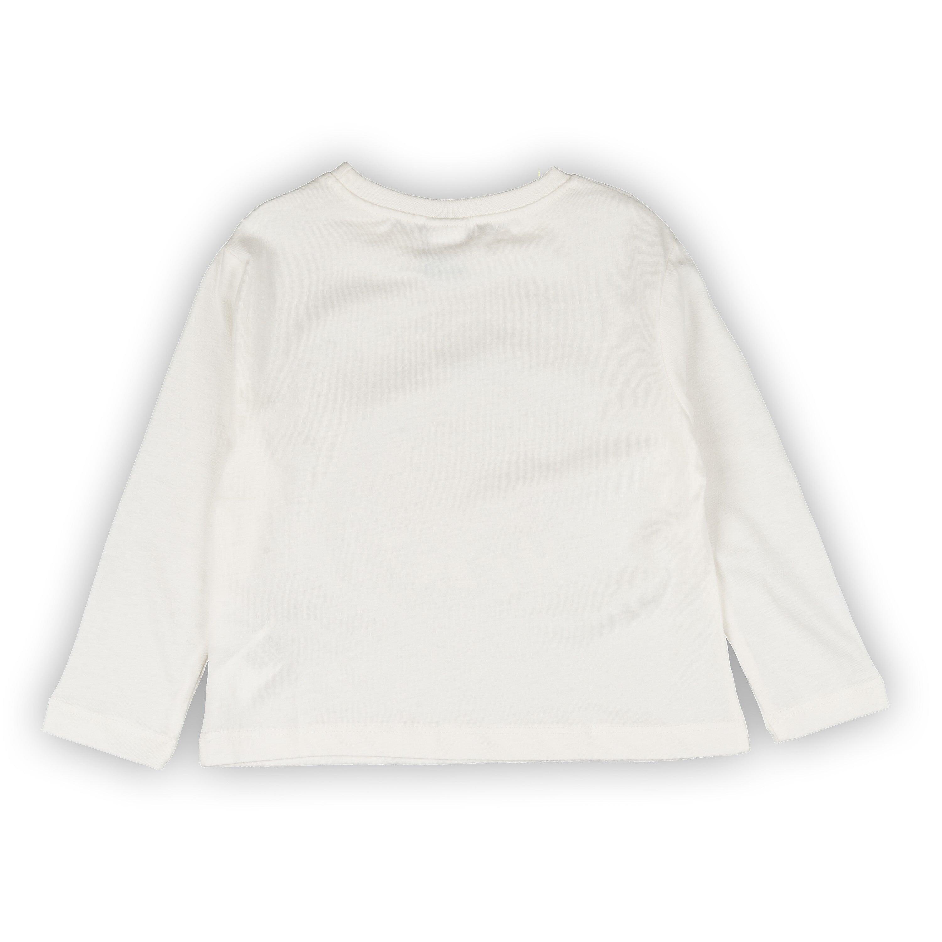 Camiseta infantil de manga comprida na cor off-white com estampa de 4/4