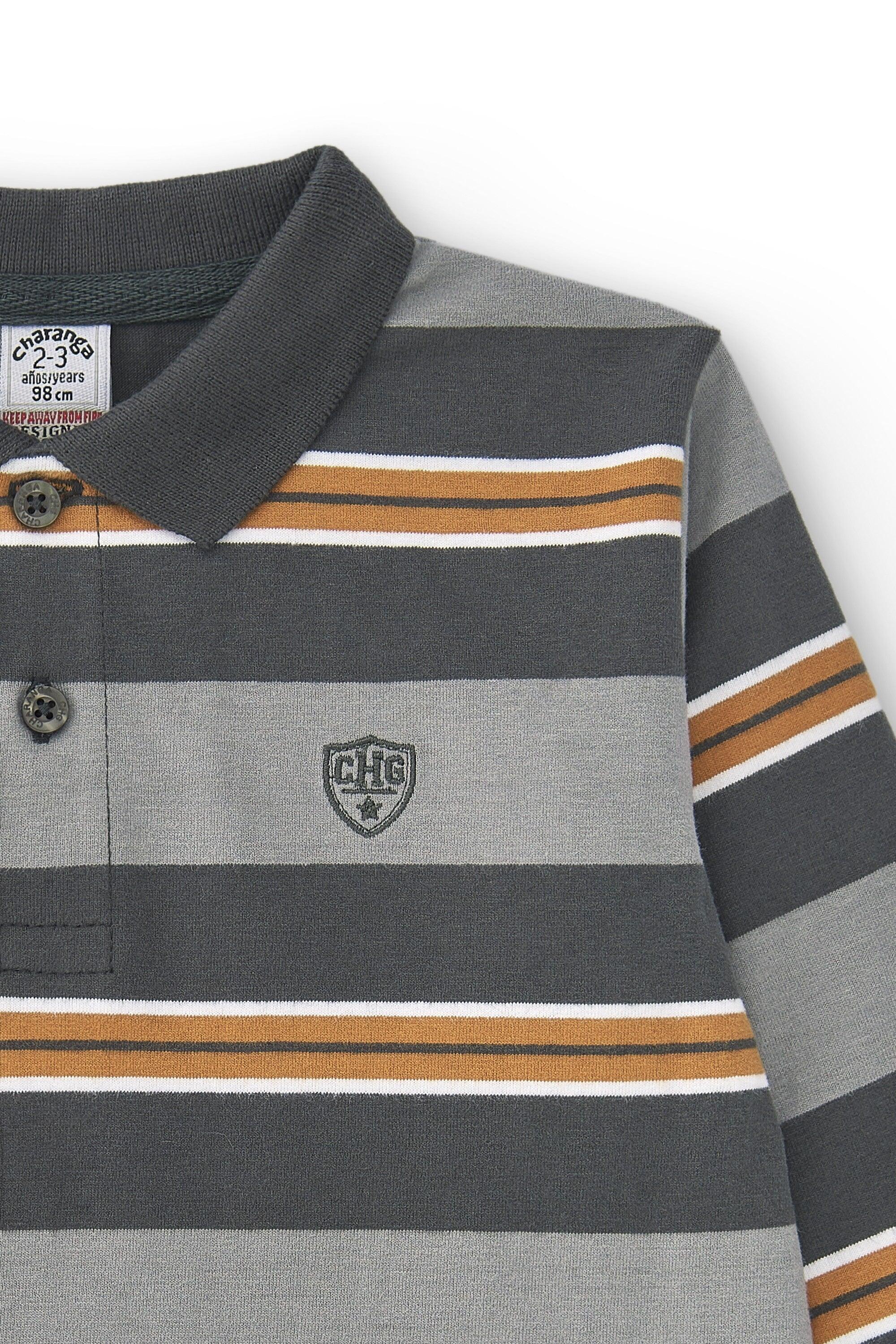 Camisa polo cinza infantil com listras laranja e 3/4