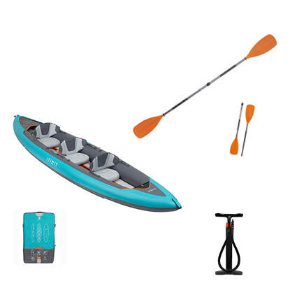 Verhuur -PACK  KAYAK OPBLAASBAAR 3P + POMP + PEDDELS 230 CM