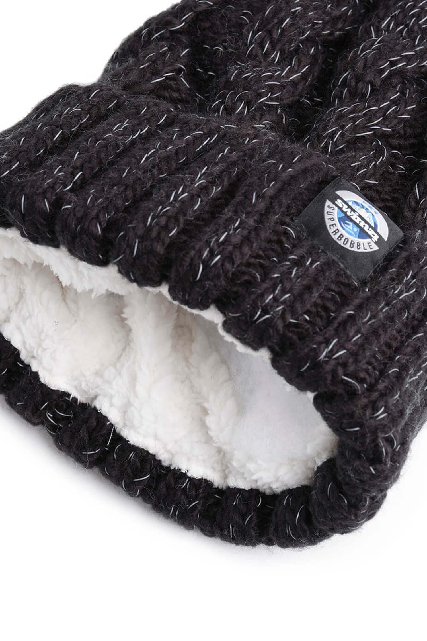 Jet Black Cable Knit Super Bobble Hat 3/4