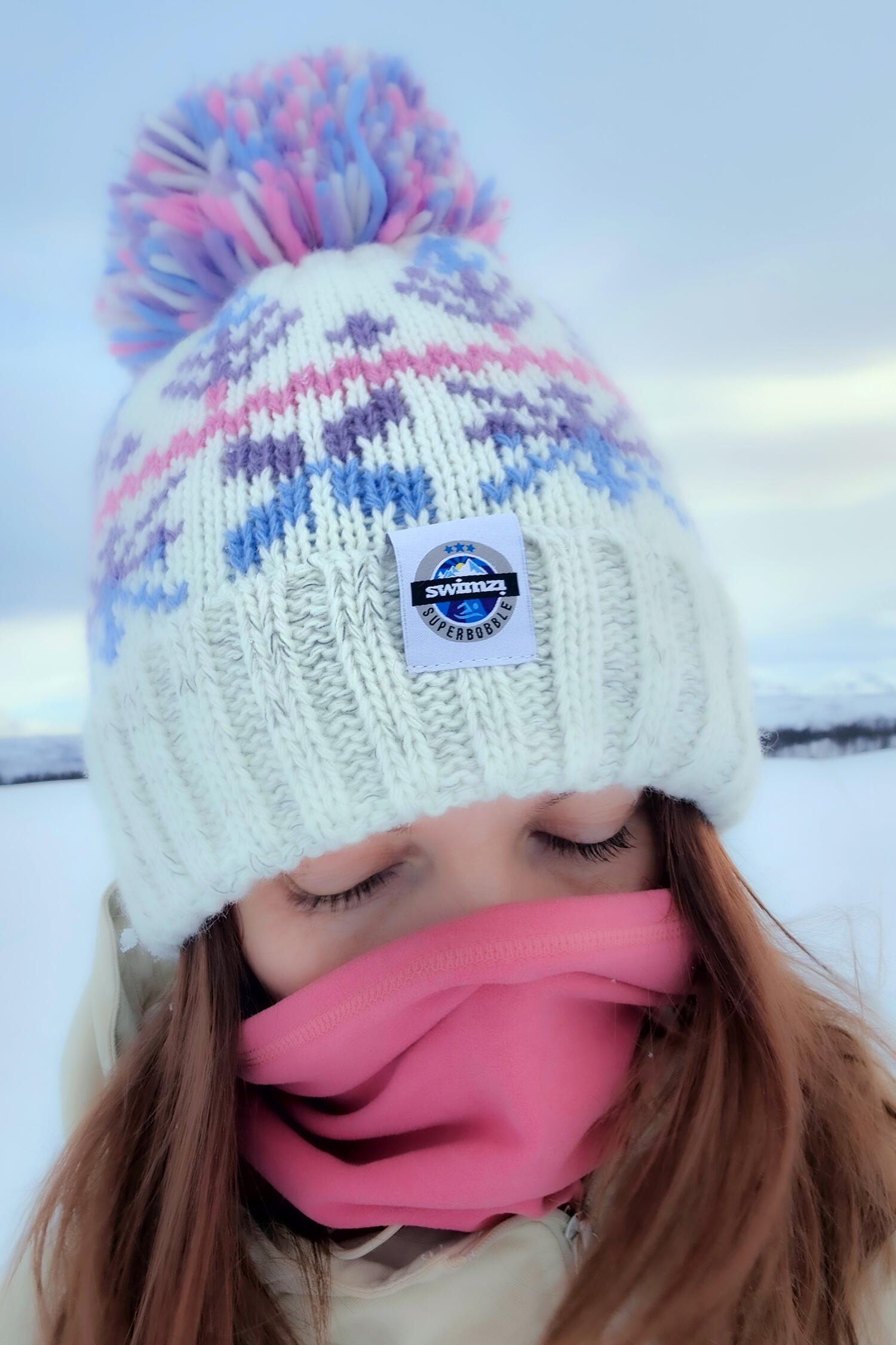 SWIMZI Pastel Ice Crystal Nordic Knit Super Bobble Hat