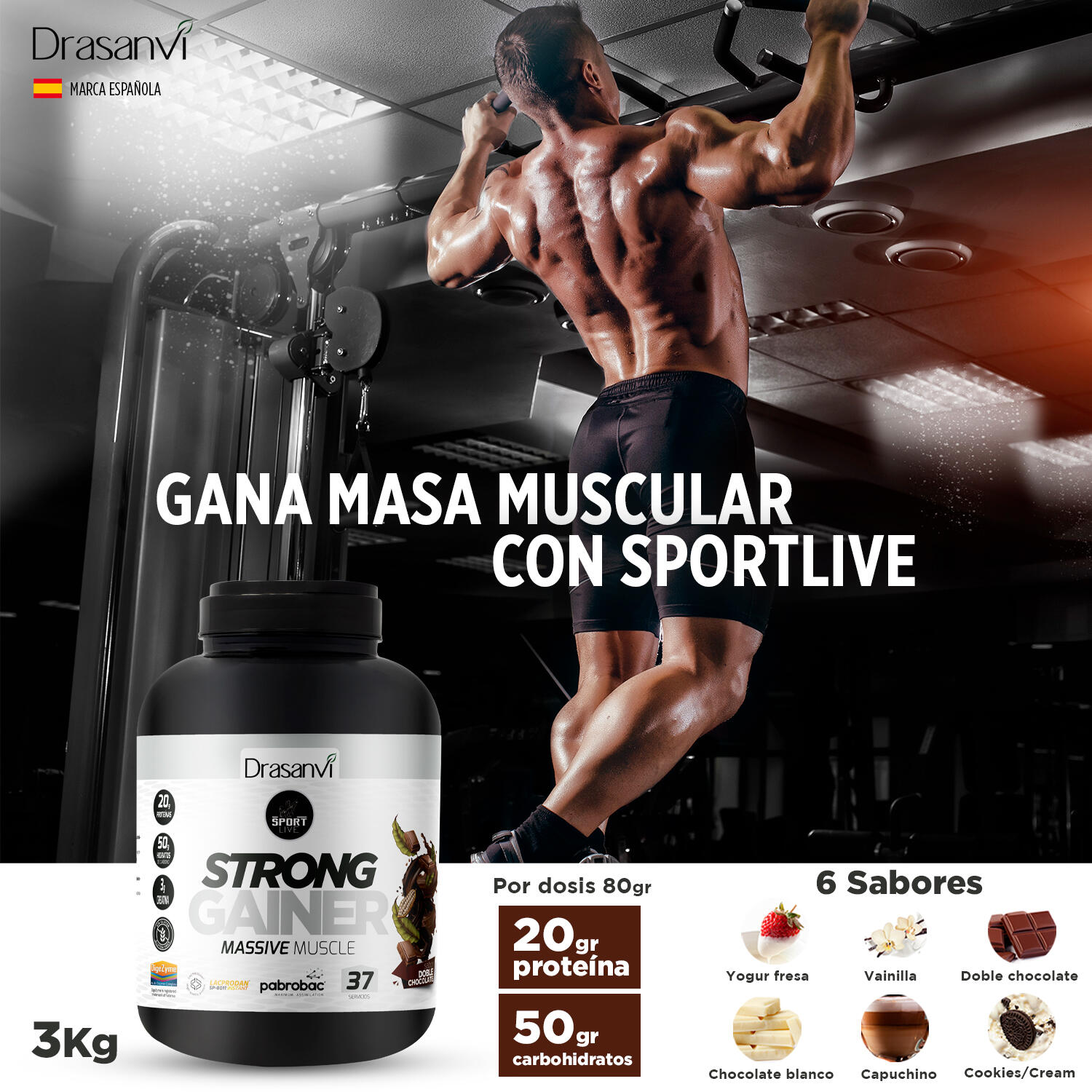 Weight Gainer Sport Live - Aumento masa muscular - Doble Chocolate - 3Kg 4/6