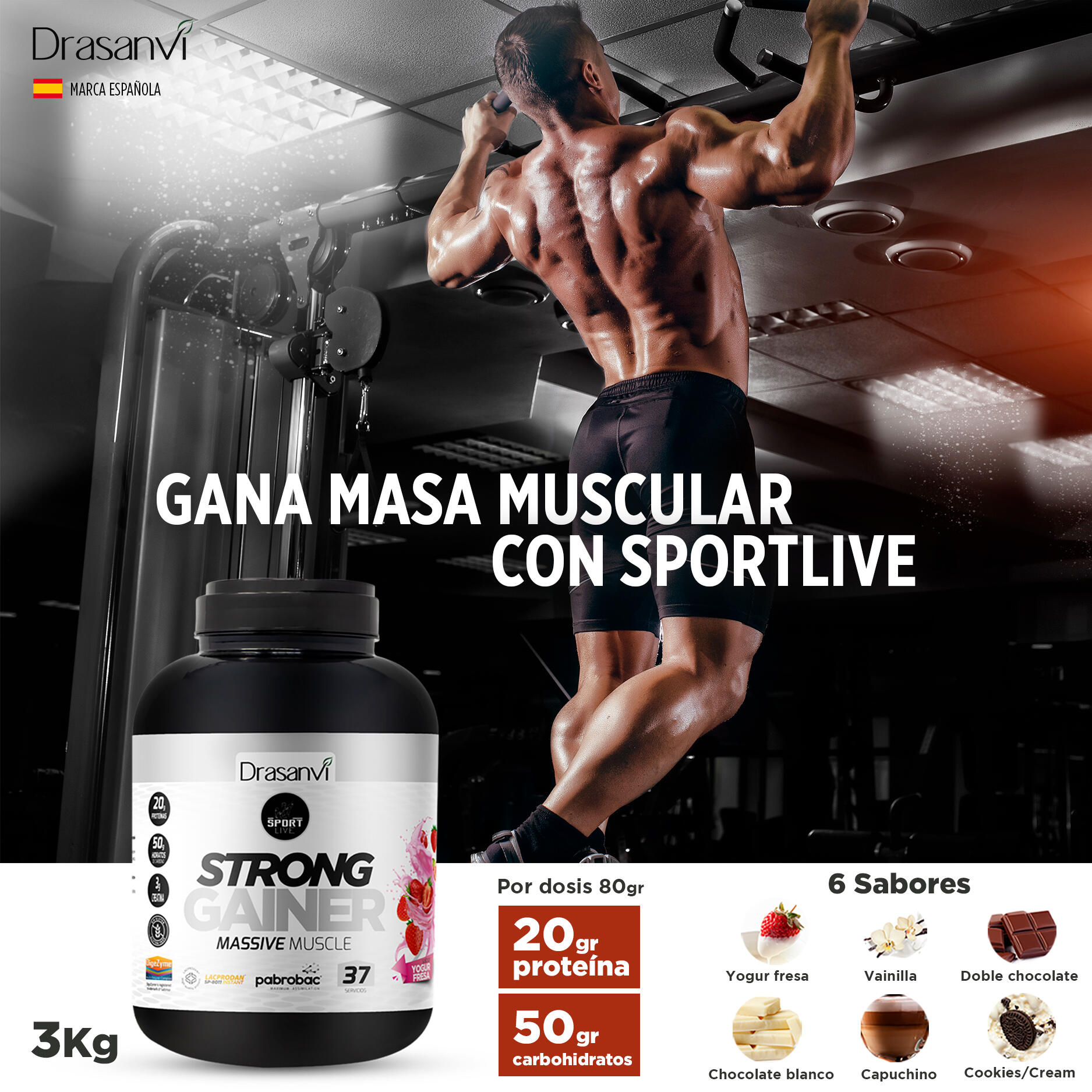 Weight Gainer Sport Live - Aumento masa muscular - Yogur Fresa - 3Kg 4/6