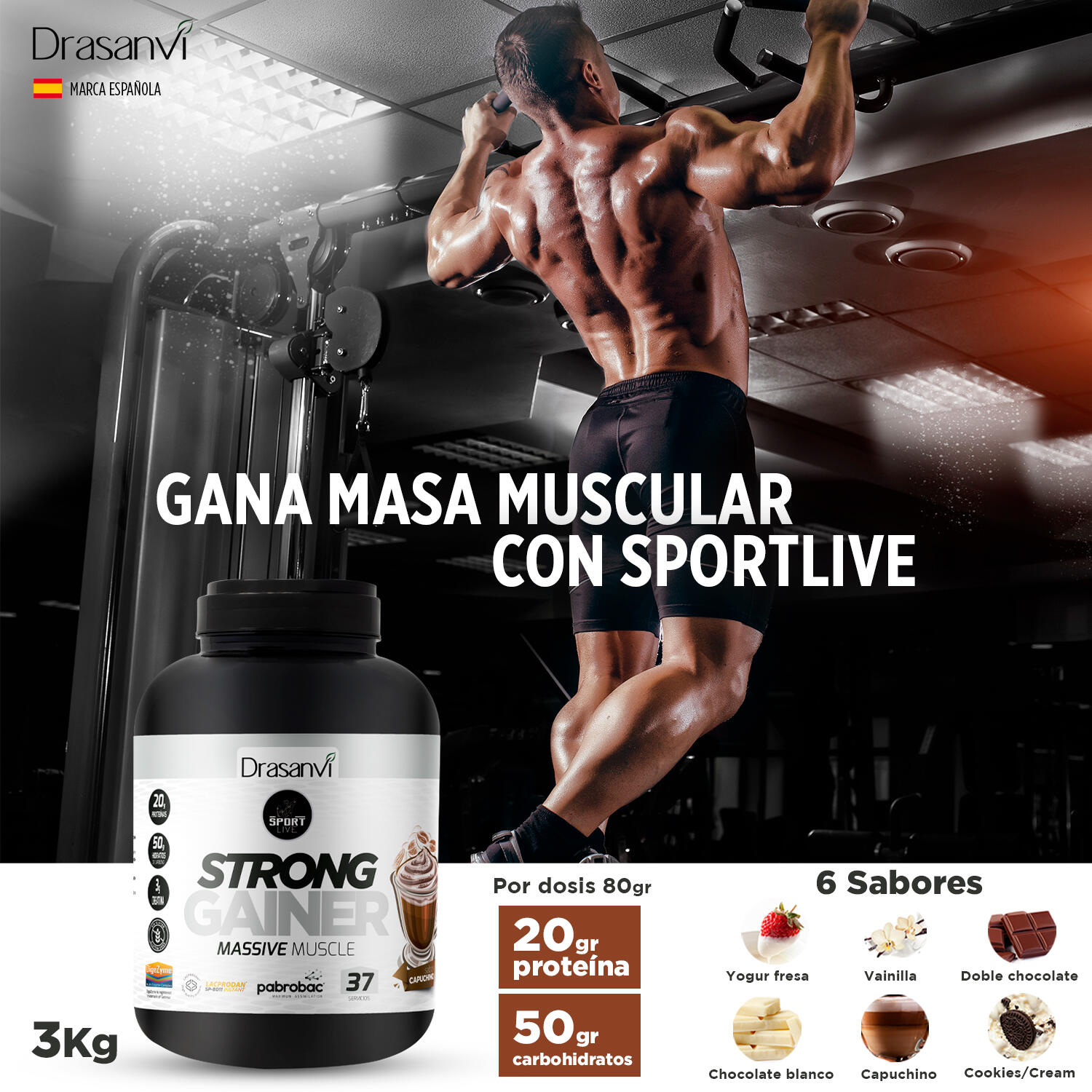 Weight Gainer Sport Live - Aumento masa muscular - Capuchino - 3Kg 4/6