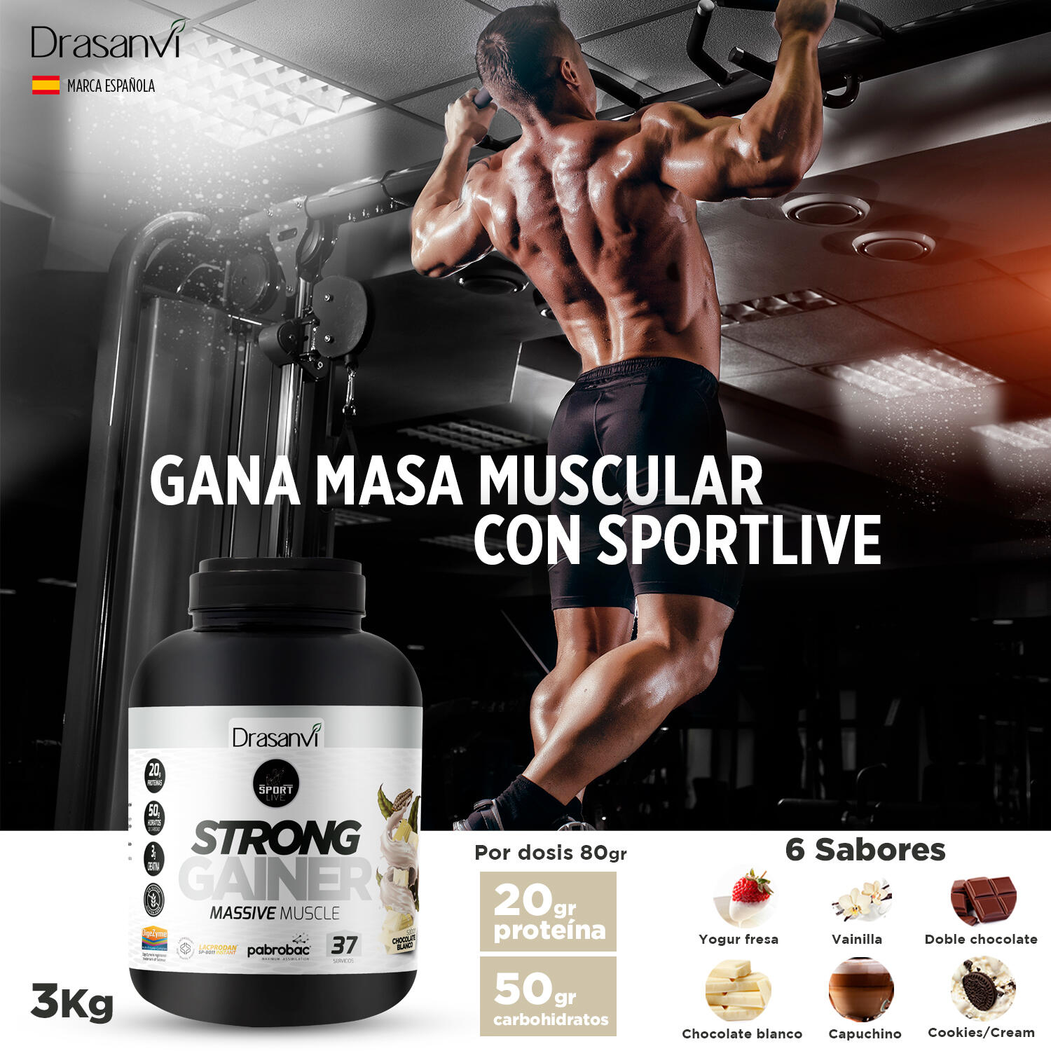Weight Gainer Sport Live - Aumento masa muscular - Chocolate Blanco - 3Kg 4/6