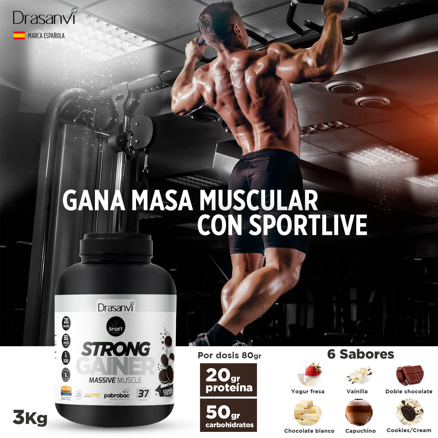 Weight Gainer Sport Live - Aumento masa muscular - Cookies and Cream - 3Kg 4/6