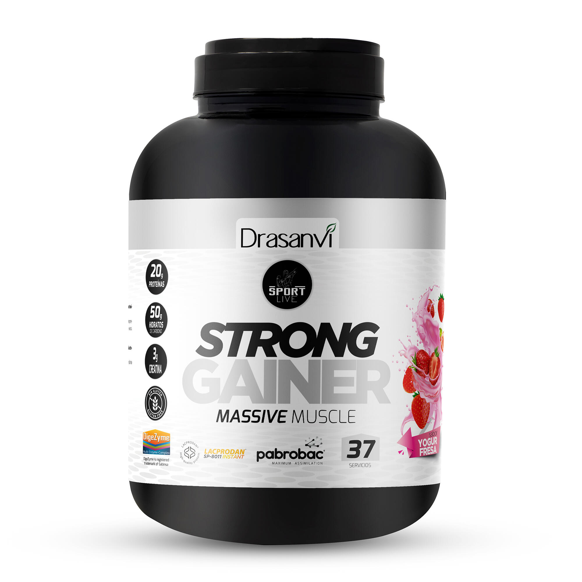 DRASANVI Weight Gainer Sport Live - Aumento masa muscular - Iogurte de morango 3Kg
