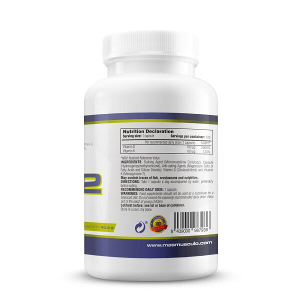 Vitamina D3 y K2 - 120 Cápsulas Vegetales de MM Supplements